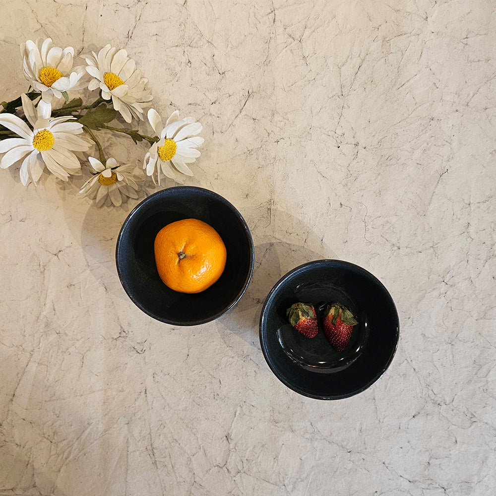 Yellow Marigold Portion Bowl – Night Blue Warp, artisanal ceramic bowl with glossy navy finish and minimalist design.
