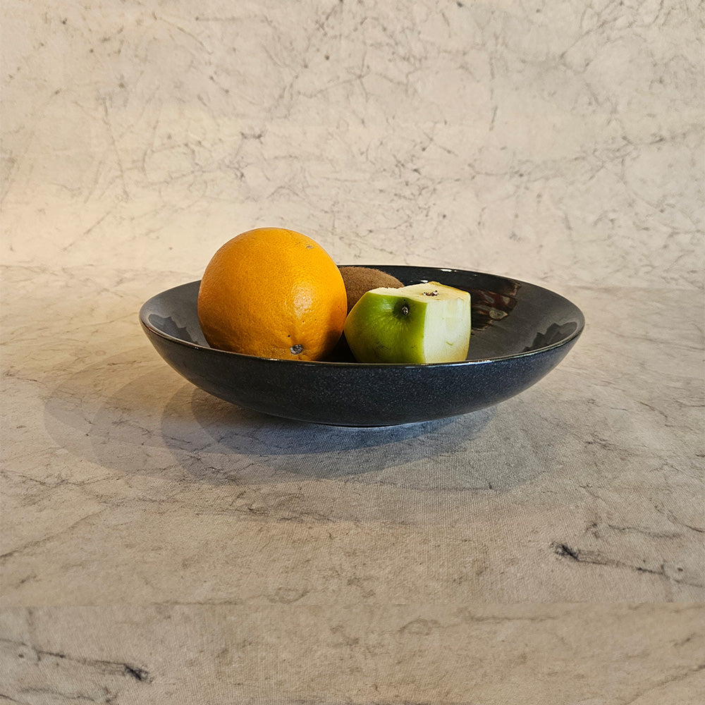 Front view of Yellow Marigold Ramen Bowl – Night Blue Warp, elegant handcrafted ceramic serveware with a deep blue finish.