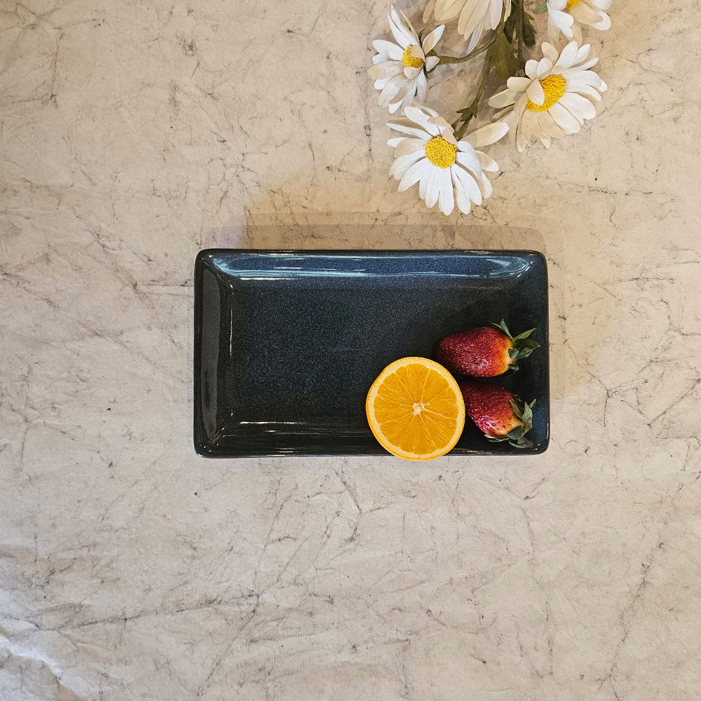 ront view of Yellow Marigold Small Rectangle Platter – Warp Night Blue, minimalist ceramic platter with artisanal blue finish.
