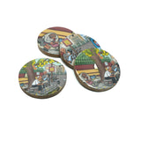 Yellow Marigold Wooden Round Coasters – Kanak Chowk design, handcrafted and eco-conscious coaster set perfect for festive gifting.