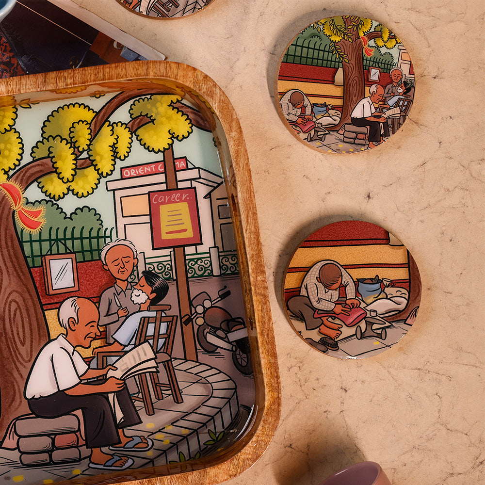 Yellow Marigold handcrafted Wooden Round Coasters – Kanak Chowk design, artisan-made with smooth polish and traditional craftsmanship.
