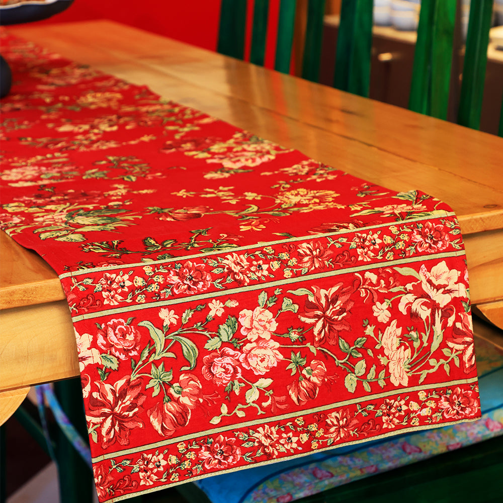 Yellow Marigold Milene Red table runner — close‑up of cotton fabric texture and red floral pattern details