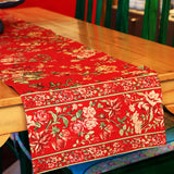 Yellow Marigold Milene Red table runner — close‑up of cotton fabric texture and red floral pattern details