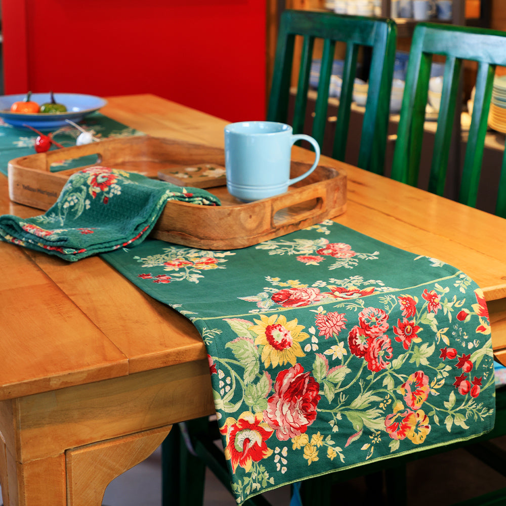 Yellow Marigold Russian Chintz Green table runner — close‑up showing cotton texture and green floral design details