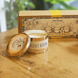 Close-up of Soy Candle Box Trio with Velvet Bloom, Enchanted, and Citrus Reverie Scents by Yellow Marigold