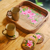 Yellow Marigold mango-wood coasters featuring pink azalea blooms – functional and decorative coasters for dining, living room or gifting.