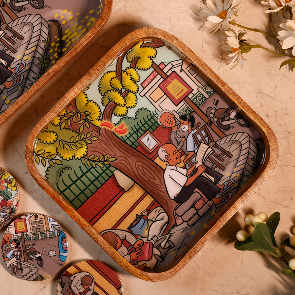 Yellow Marigold handcrafted Wooden Square Tray – Kanak Chowk design, artisan-made wooden tray featuring intricate hand-finished details.