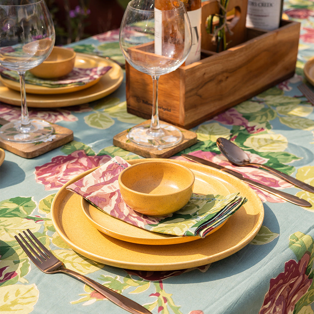 Close-up of Yellow Marigold Dinner Plate – Desert Sky Collection showing artisan-crafted porcelain texture and rich sky-blue glaze variation.