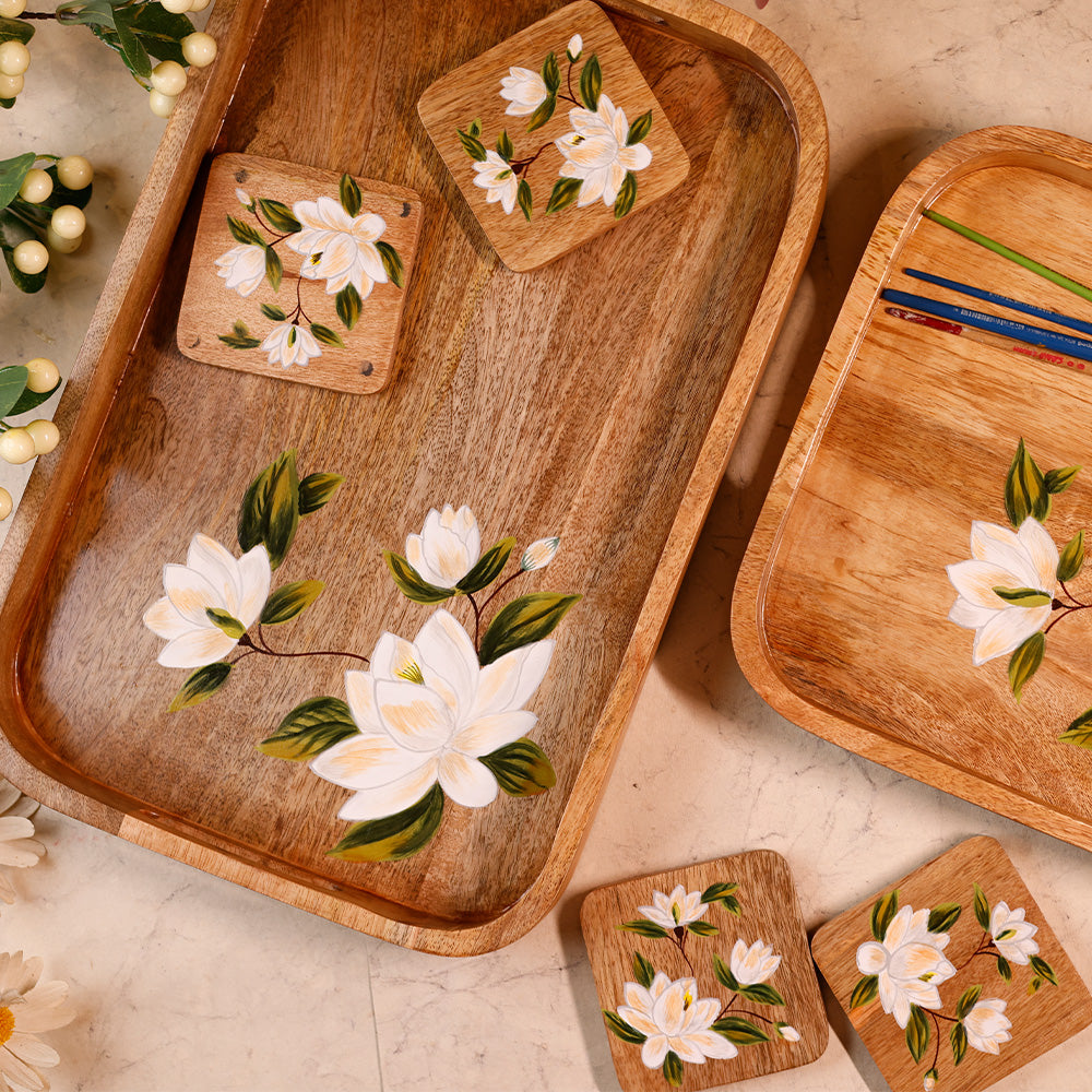 Yellow Marigold Handpainted Square Coasters Sweet Magnolias – artisan-crafted mango wood coasters featuring detailed floral hand-painting by skilled artists.