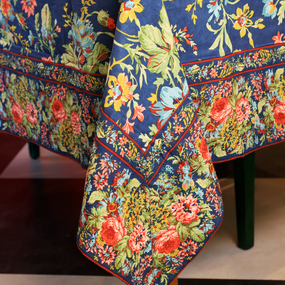 Yellow Marigold Eternal Rose Navy table cover — navy floral‑print cotton table cover laid flat on plain background