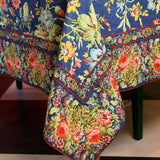 Yellow Marigold Eternal Rose Navy table cover — navy floral‑print cotton table cover laid flat on plain background