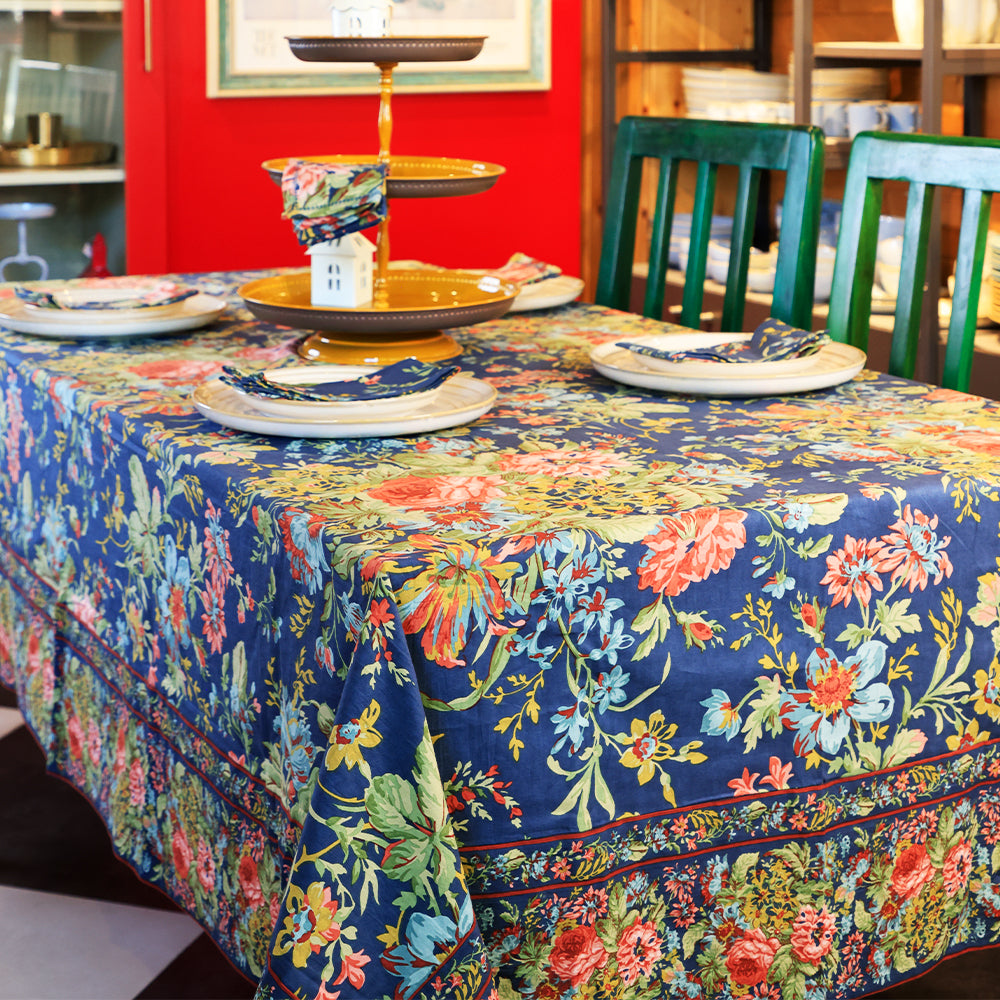 Yellow Marigold eco‑friendly Eternal Rose Navy table cover — sustainable floral cotton table cover for conscious home décor