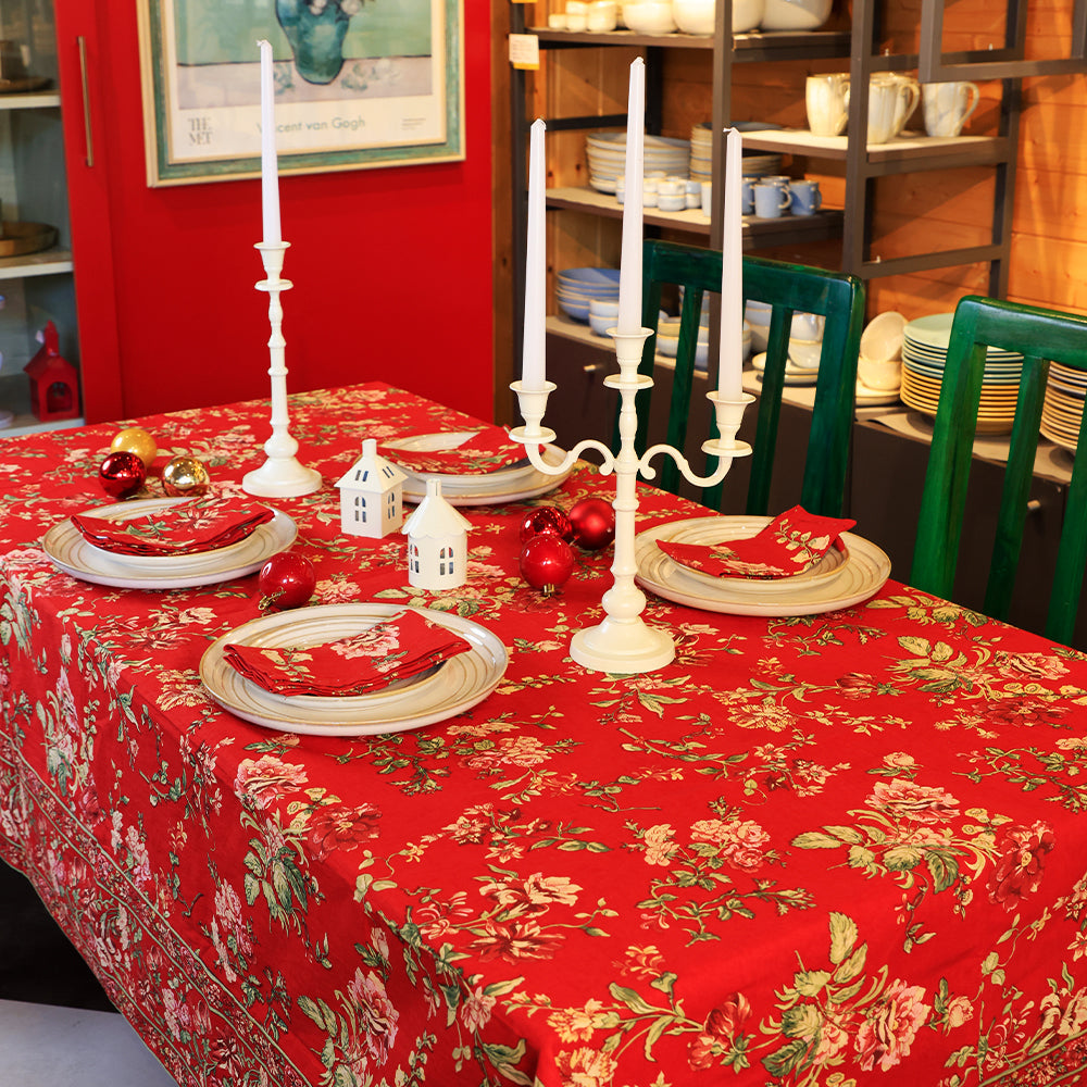 Yellow Marigold Milene Red cotton tablecloth — red floral‑print tablecloth spread flat on plain background