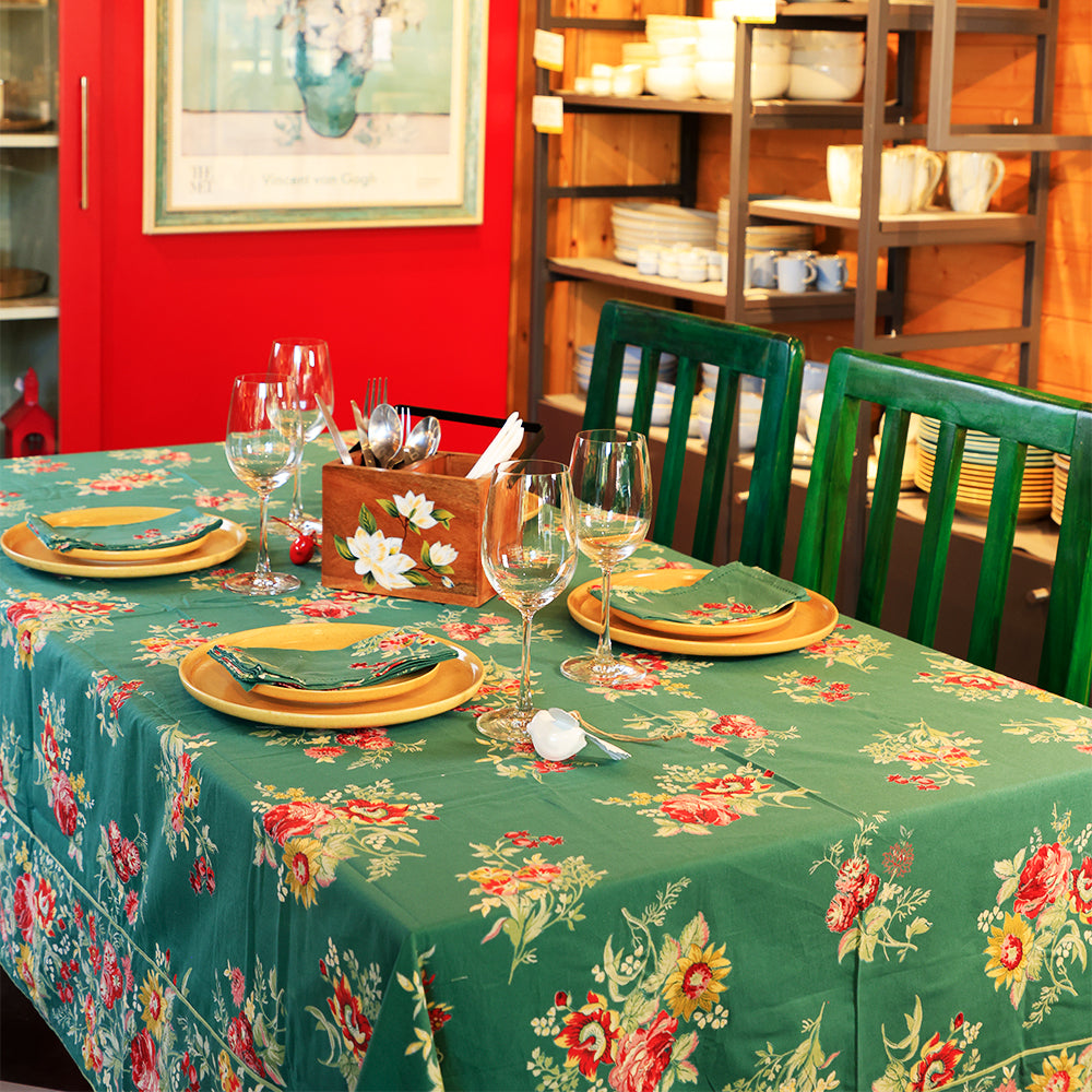 Yellow Marigold Russian Chintz Green table cover — green floral‑print cotton table cover laid flat on plain background