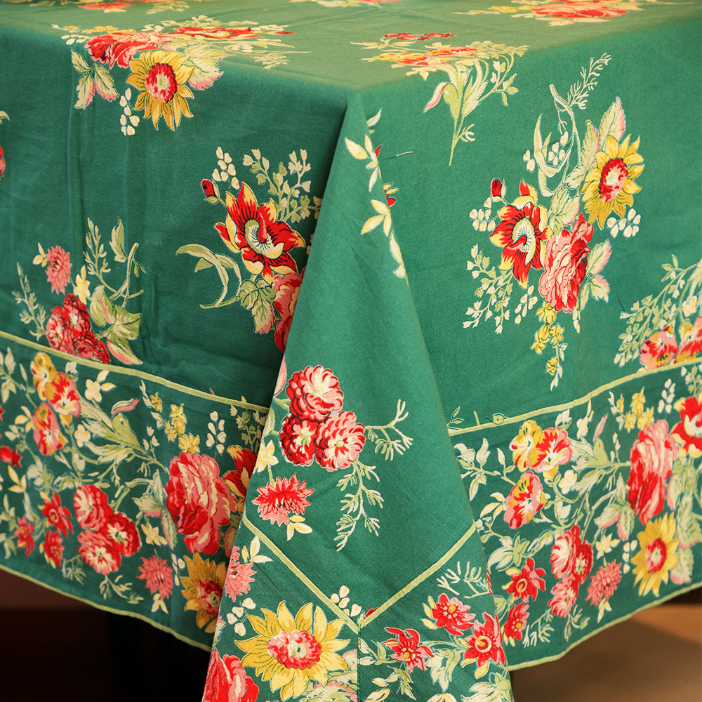 Yellow Marigold Russian Chintz Green table cover — close‑up showing cotton fabric texture and green floral design detail