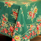 Yellow Marigold Russian Chintz Green table cover — close‑up showing cotton fabric texture and green floral design detail