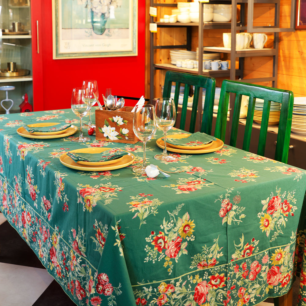 Yellow Marigold eco‑friendly Russian Chintz Green table cover — sustainable floral cotton table cover for conscious home décor