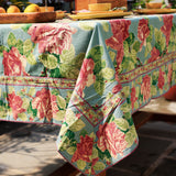 Yellow Marigold Table Cover – Austin Rose Aqua, premium floral cotton table linen that adds charm and freshness to your dining space.