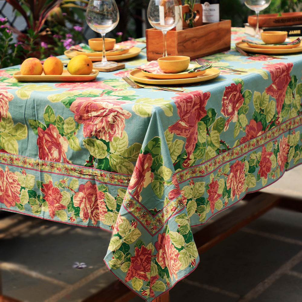 Styled dining table featuring Yellow Marigold Table Cover – Austin Rose Aqua, adding a soft, floral charm to everyday meals and gatherings.