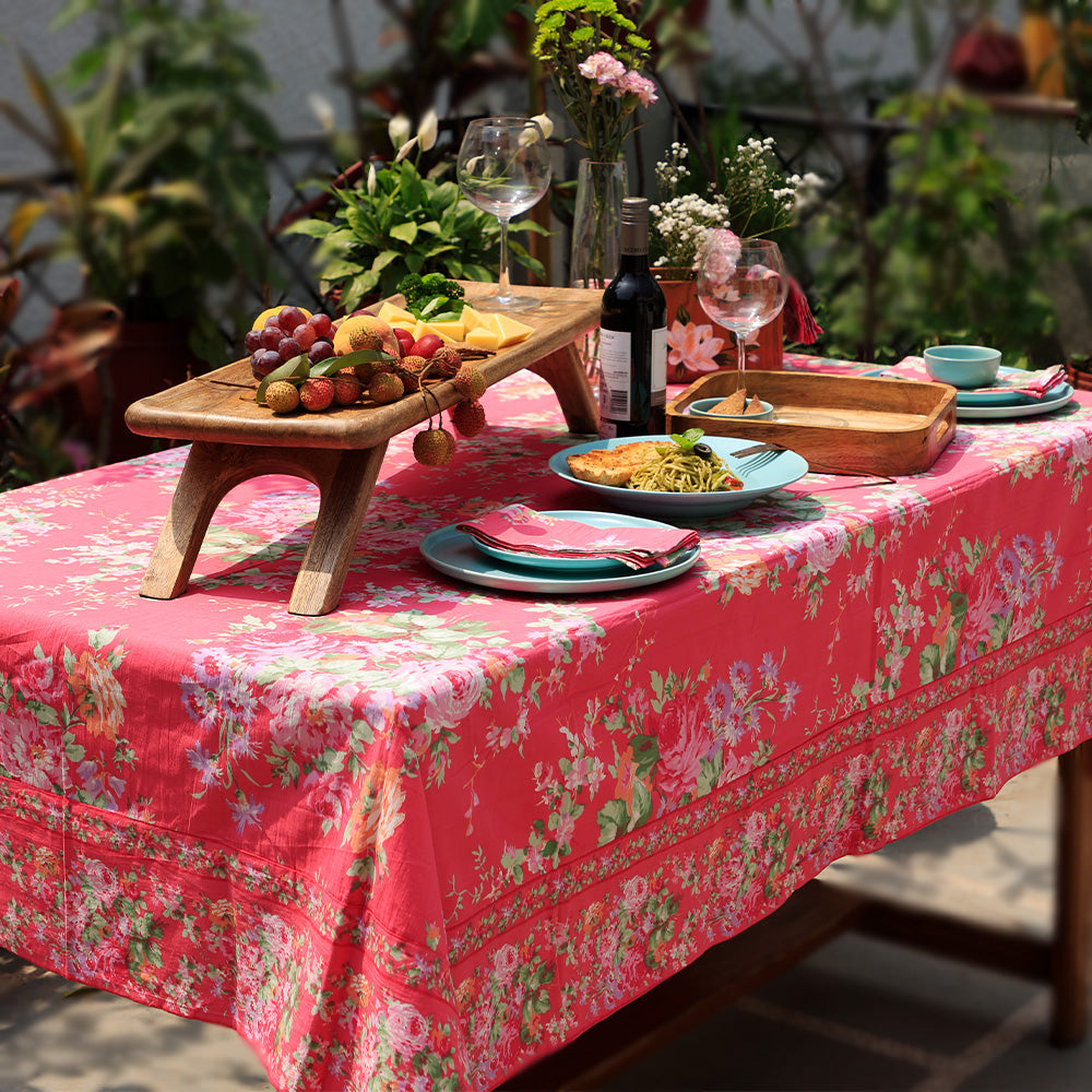 Front view of Yellow Marigold Table Cover – Blanche Pink, hand-printed table cover in floral design for modern homes.