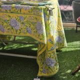 Yellow Marigold Sacha Yellow 100% cotton table cover in sun-yellow floral print, elegant full-length drape for 4- or 6-seater dining table.