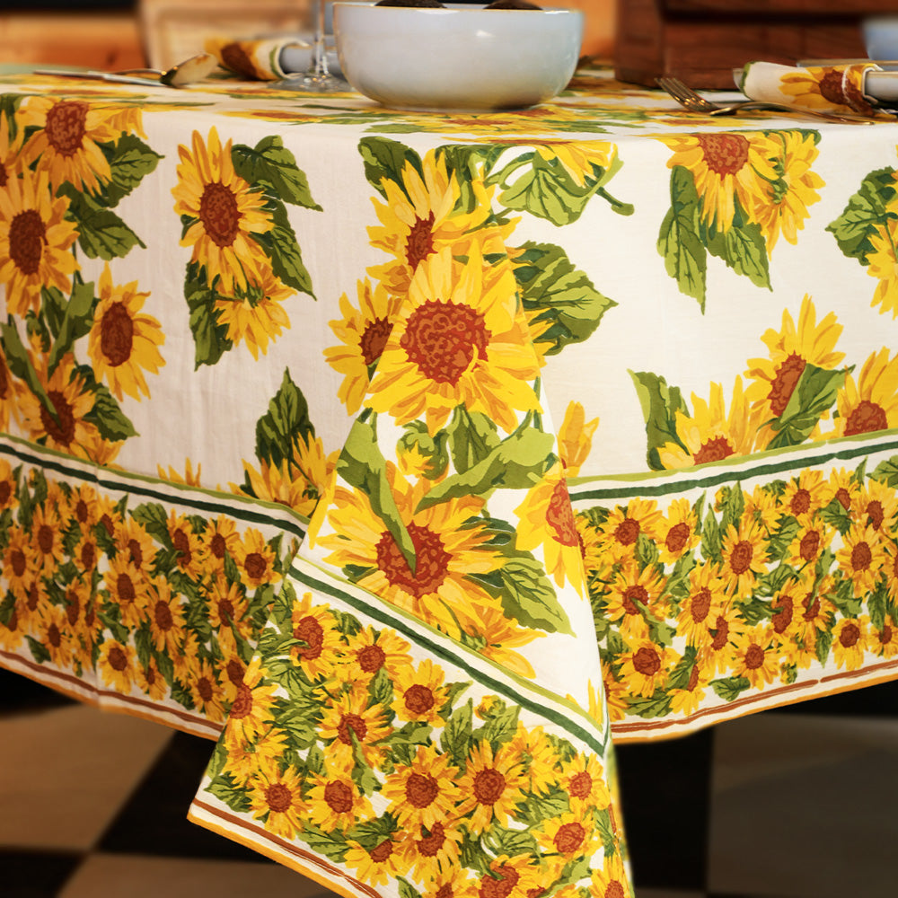 Sunflower floral cotton table cover in yellow by Yellow Marigold