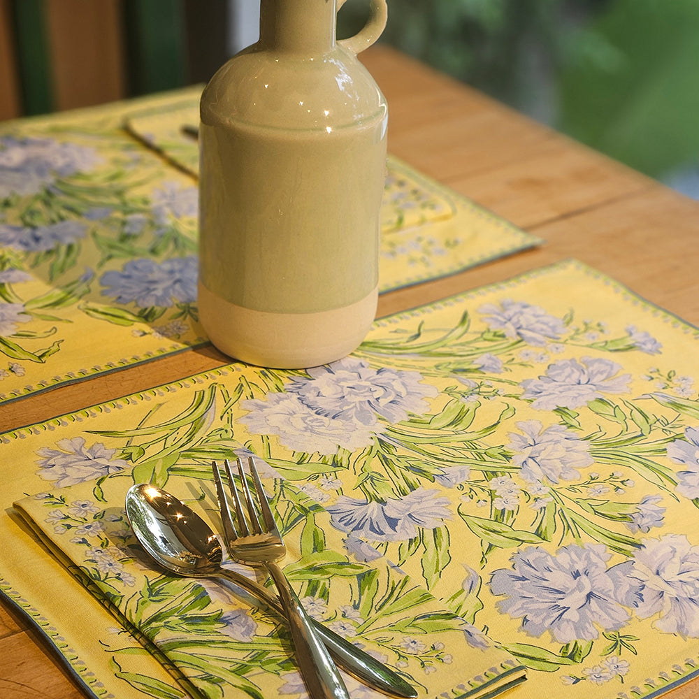 Yellow Marigold placemats  – Sacha Yellow, handcrafted with elegant floral pattern for dining and decor.