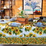 Close-up of sunflower print cotton table cover with bright floral design