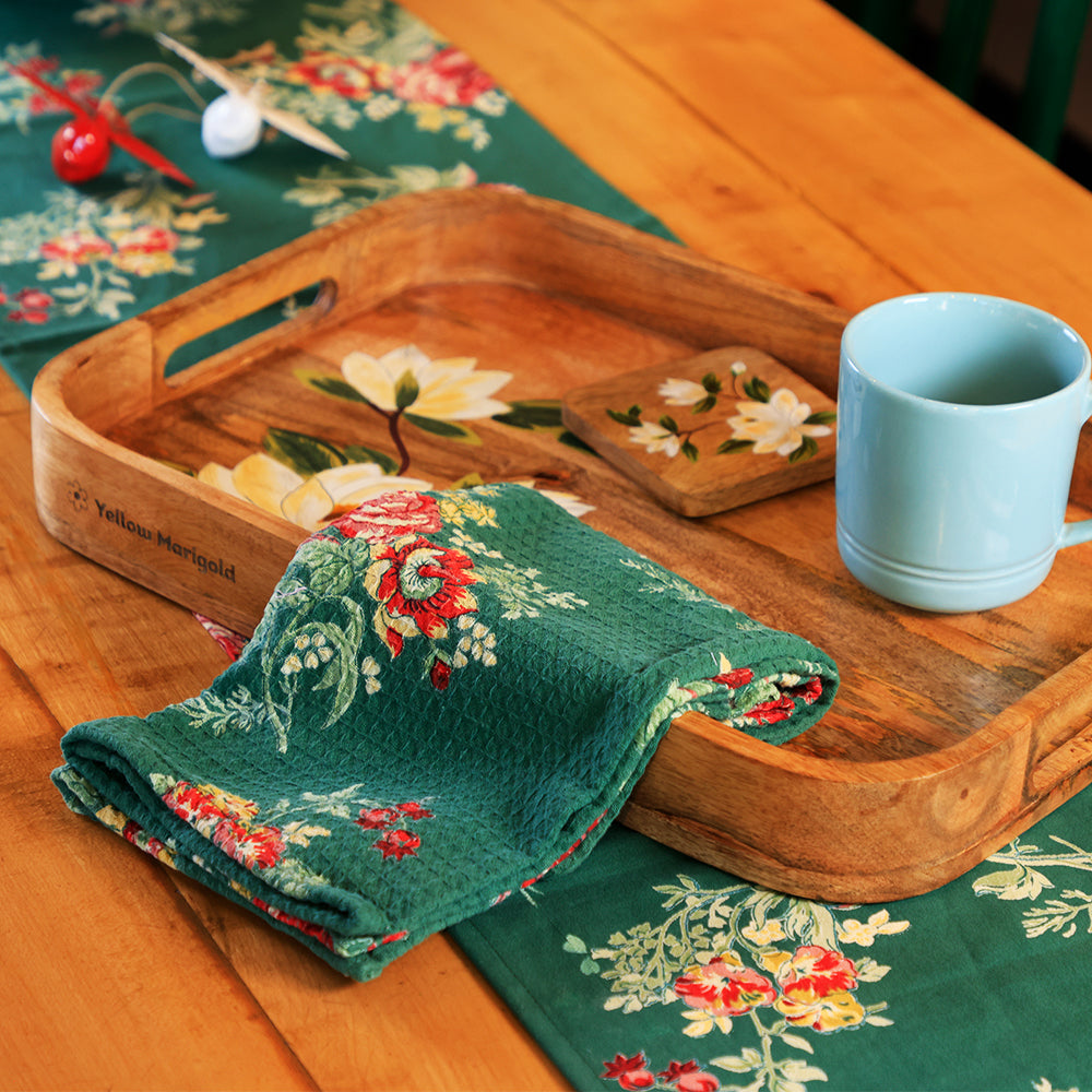 Yellow Marigold Russian Chintz Green tea towel — close-up of fabric showing handcrafted floral pattern and texture detail