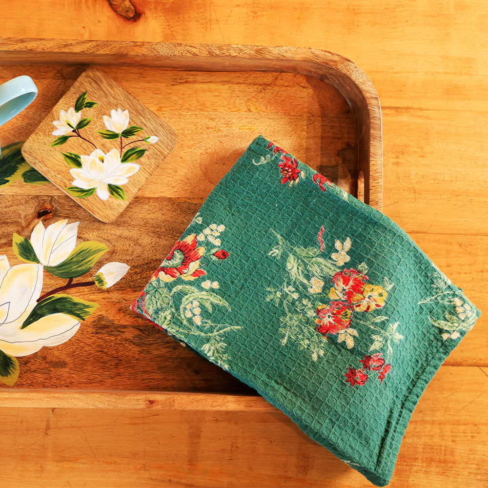 Yellow Marigold Russian Chintz Green tea towels (set of 2) draped over oven handle or hanging in a rustic kitchen — cozy home kitchen décor