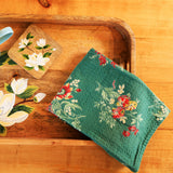 Yellow Marigold Russian Chintz Green tea towels (set of 2) draped over oven handle or hanging in a rustic kitchen — cozy home kitchen décor