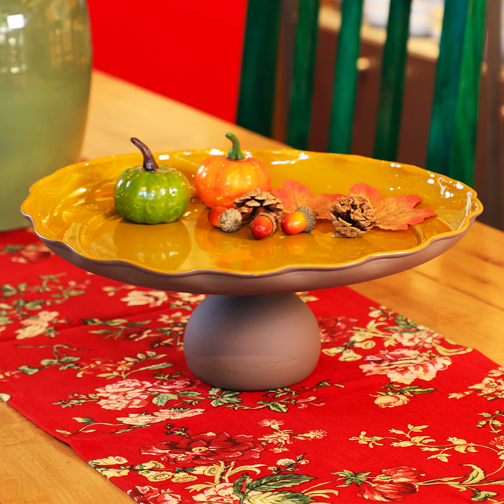 Yellow Marigold Floral Bloom metal cake stand — close‑up showing metal floral detailing and polished finish