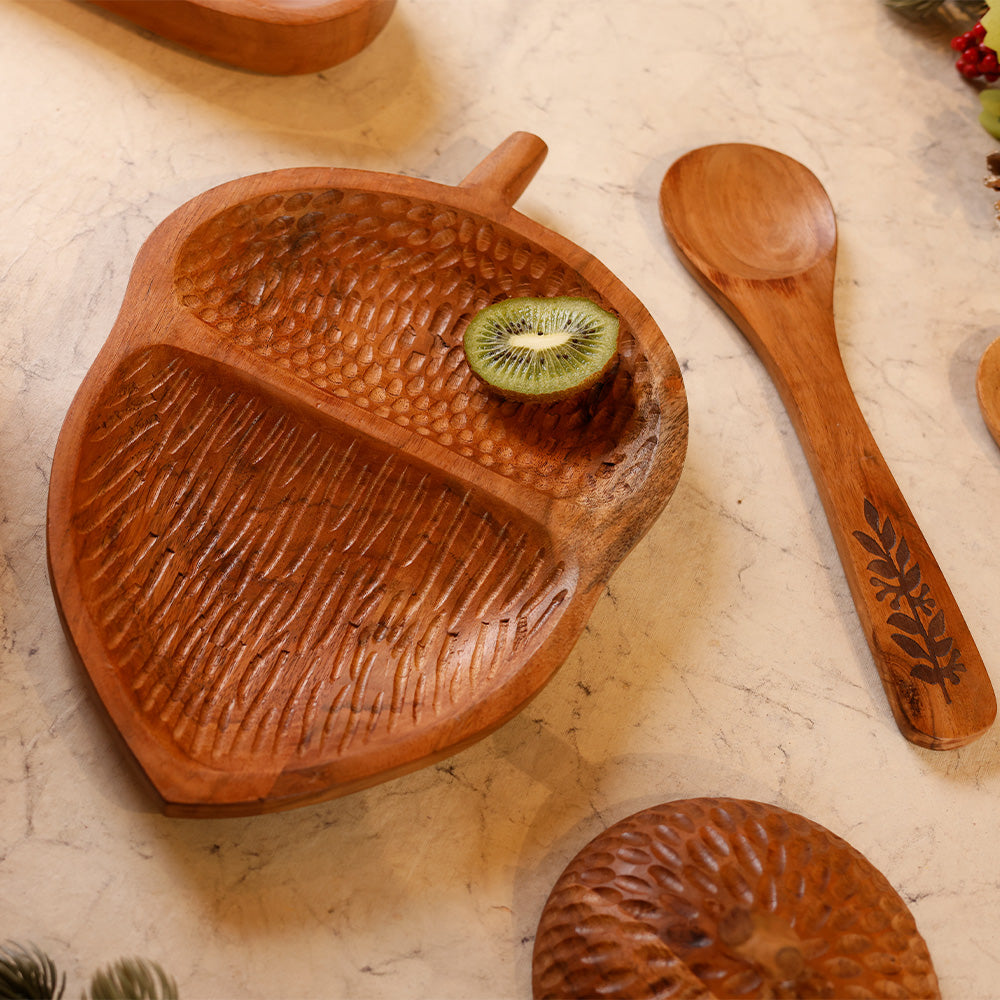 Yellow Marigold Walnut Platter Hand Chiselled styled on a dining or coffee table – handcrafted wooden platter adding rustic charm to elegant décor.