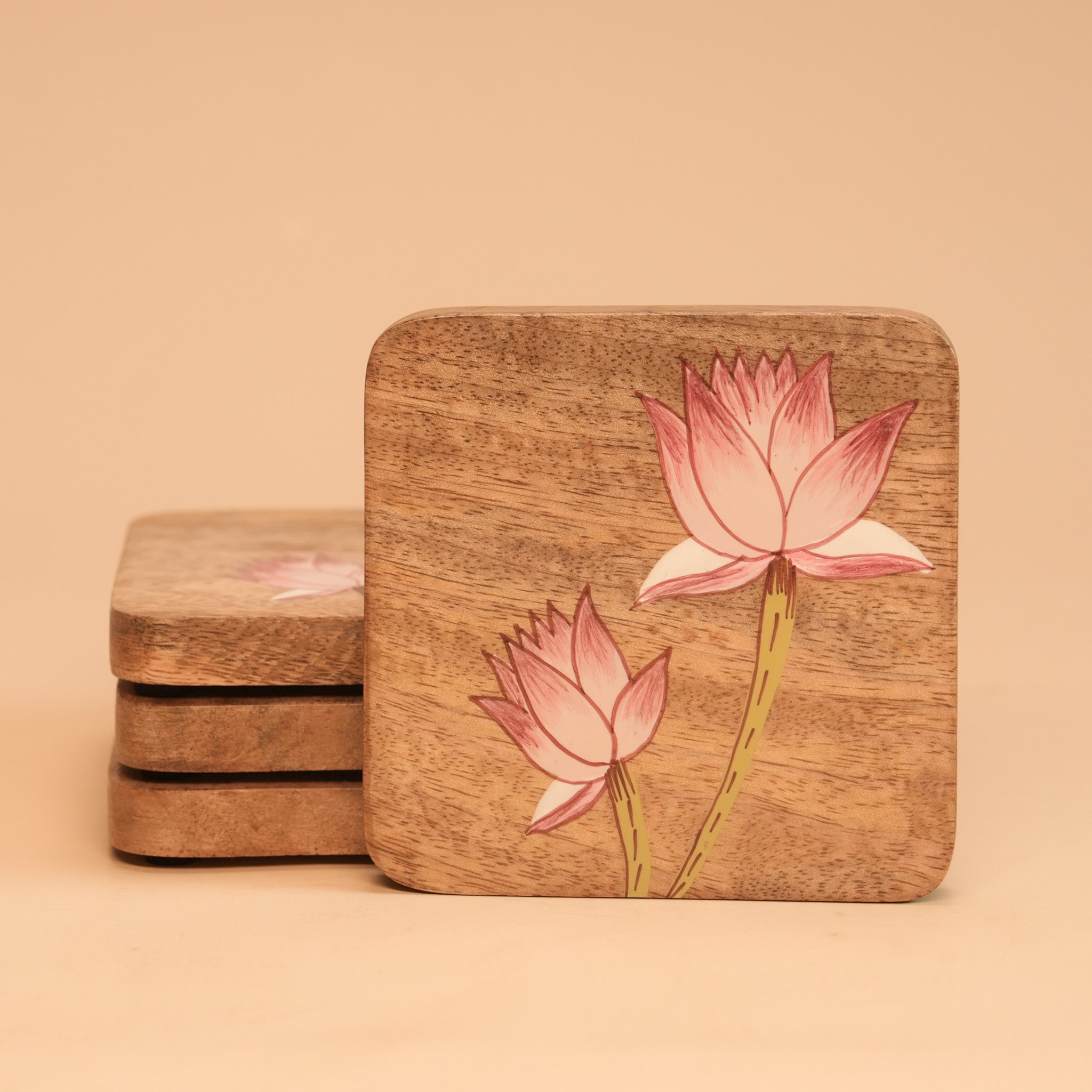Coasters - Hanpainted Pink Lotus I Wood