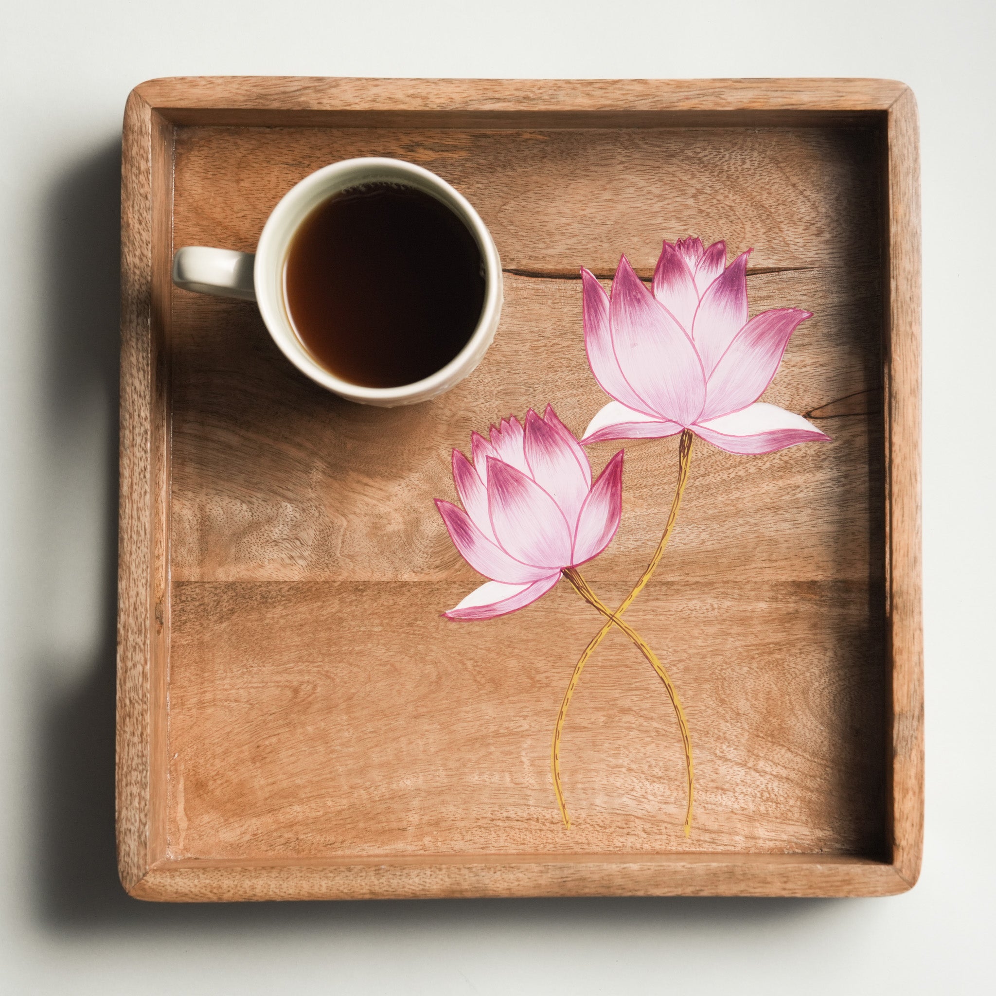 Square Tray - Handpainted Pink Lotus I Wood