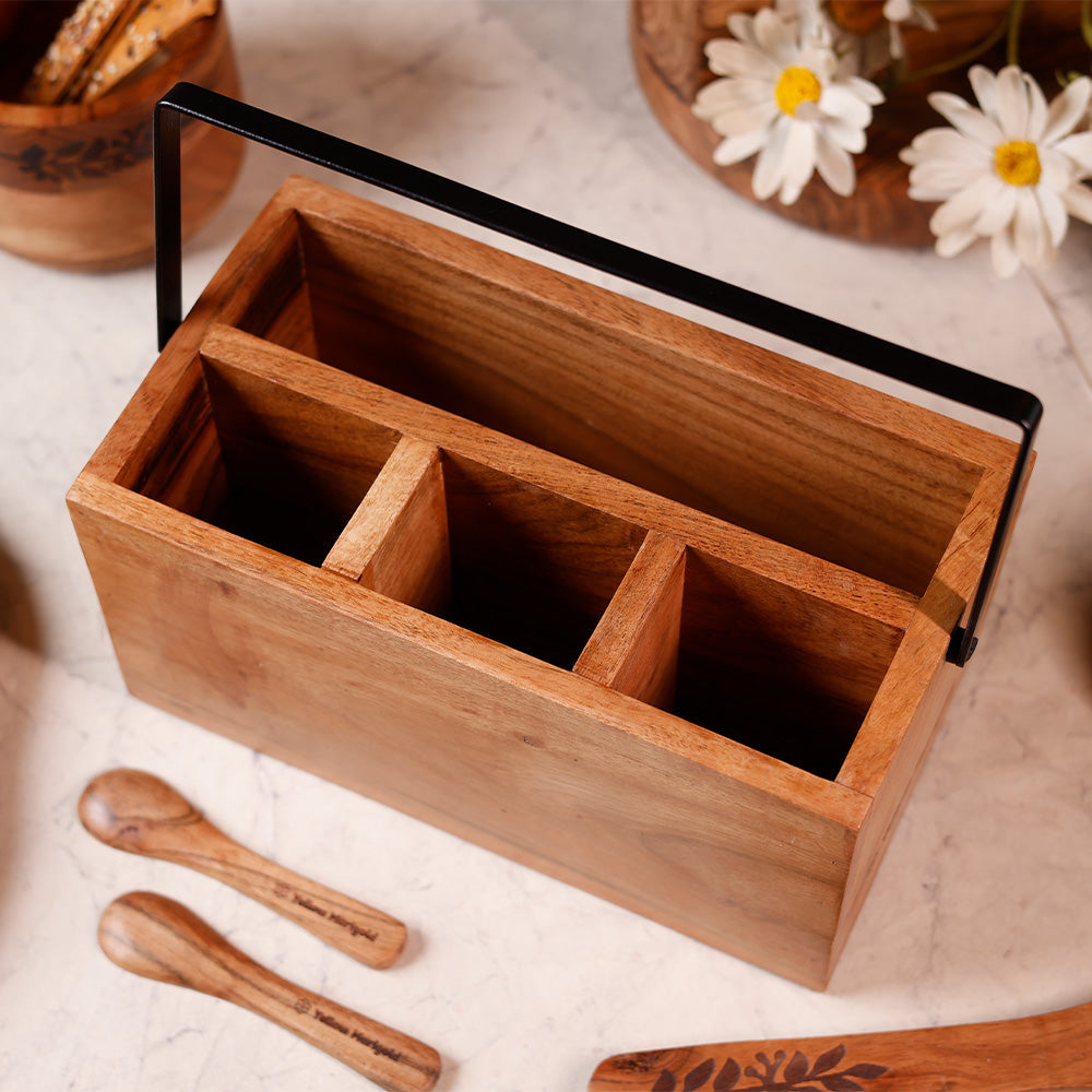 Yellow Marigold Woodsie Caddy with Metal Handle – elegant handcrafted wooden organizer with sleek metal handle for modern home décor.