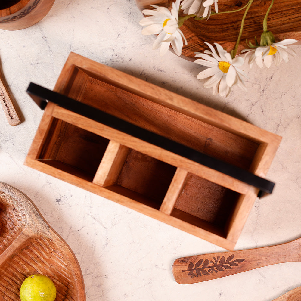 Yellow Marigold Woodsie Caddy with Metal Handle – artisan-crafted wooden caddy featuring hand-finished textures and durable metal detailing.