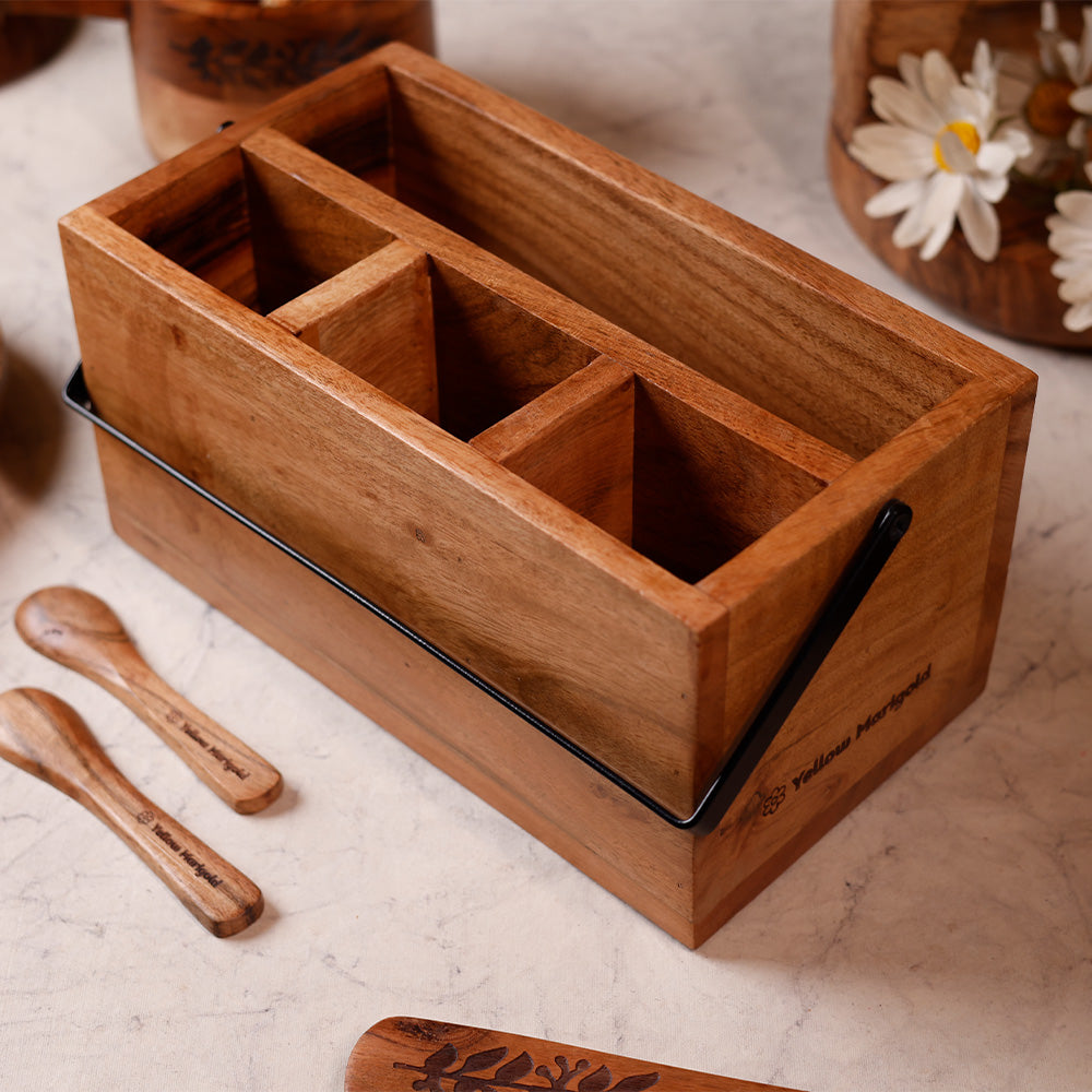 Yellow Marigold Woodsie Caddy with Metal Handle styled on a dining or study table – handcrafted organizer adding rustic charm to everyday spaces.