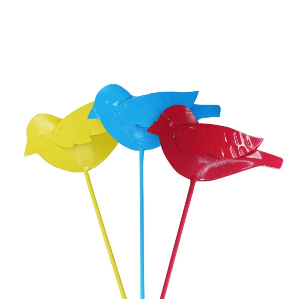 Yellow Marigold Garden Stick Birds (Set of 3) – eco‑friendly metal garden stake with red, yellow & blue birds
