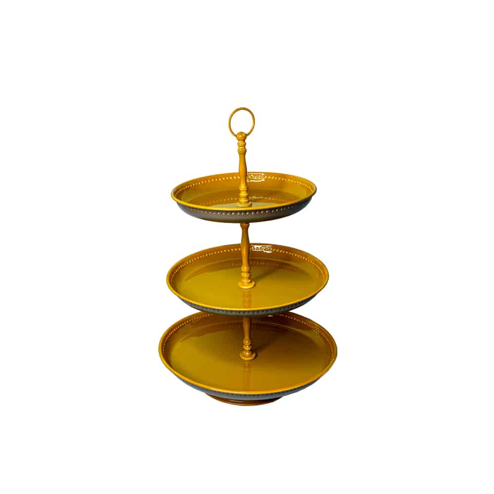 Yellow Marigold Metal 3-Tier Stand – Mustard Ash finish, three-level metal serveware designed for stylish presentation of cupcakes, fruits and snacks.