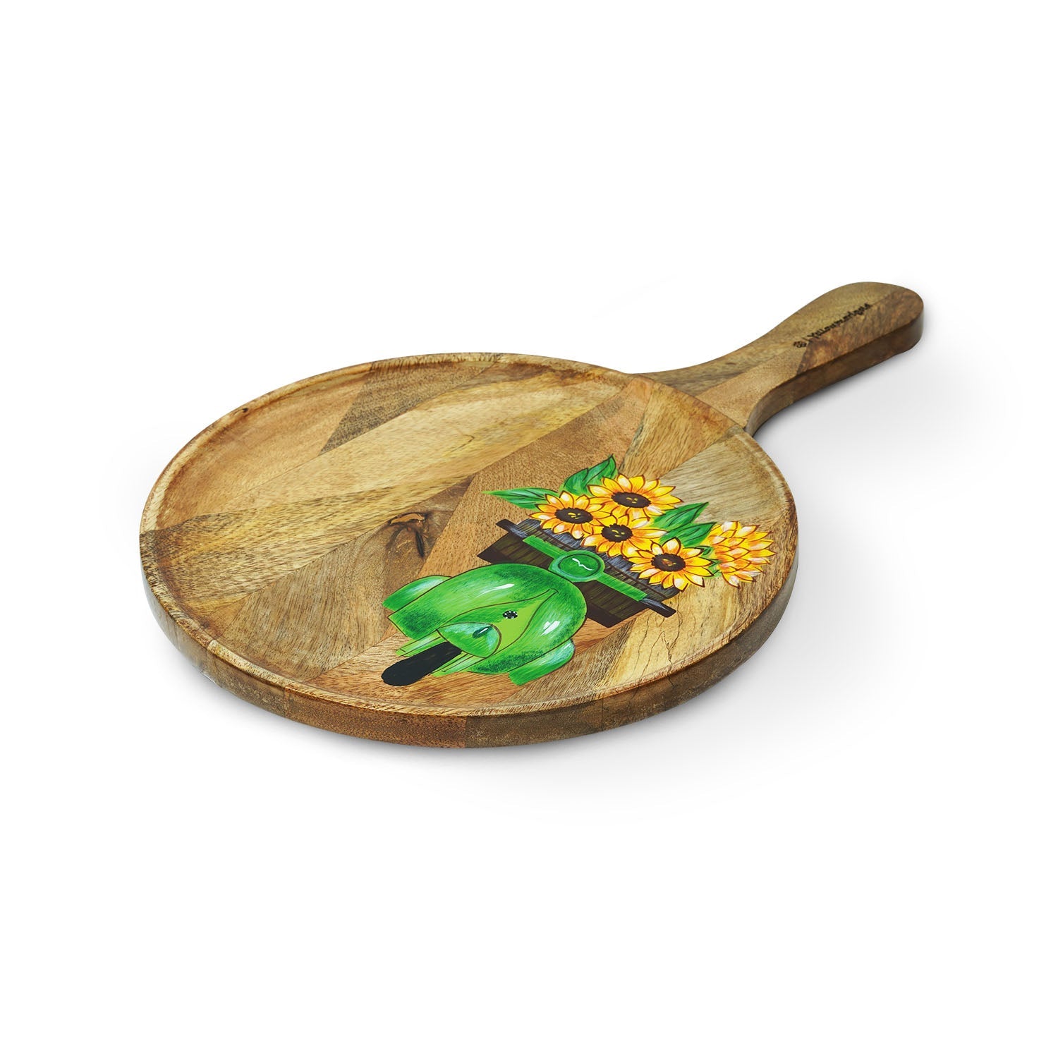 Yellow Marigold pizza platter Green Scooter – handcrafted mango‑wood round platter with hand‑painted scooter and sunflowers