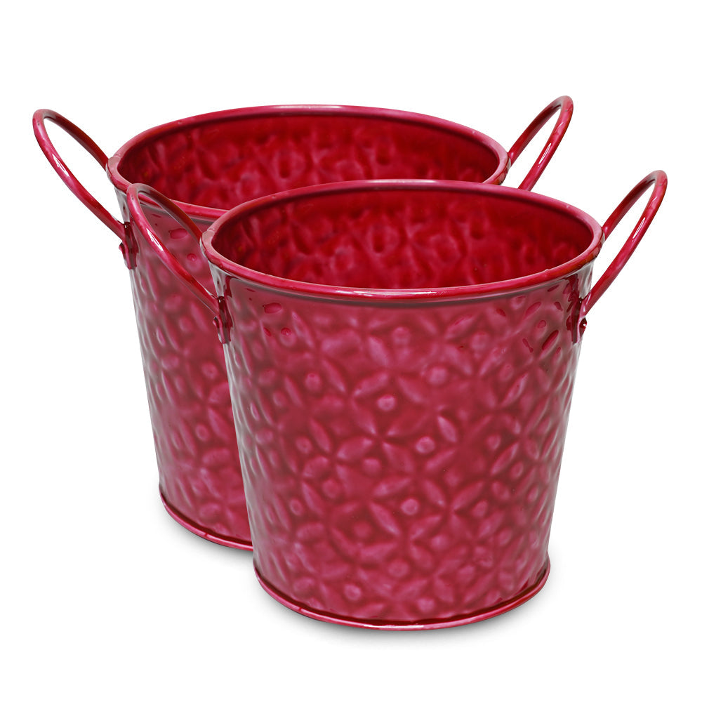 Yellow Marigold flower pots red set of 2 – metal pots with ceramic finish for indoor and outdoor décor