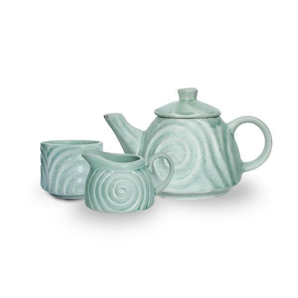 Yellow Marigold Shibui Tea Set set of 3 – handcrafted pastel green ceramic kettle, creamer & sugar pot