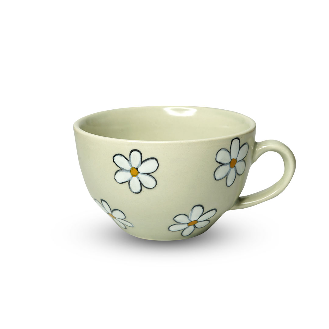 Yellow Marigold Soup Mug Set of 4 (Mint Grey), handcrafted ceramic 450 ml soup mugs in matte pastel finish.