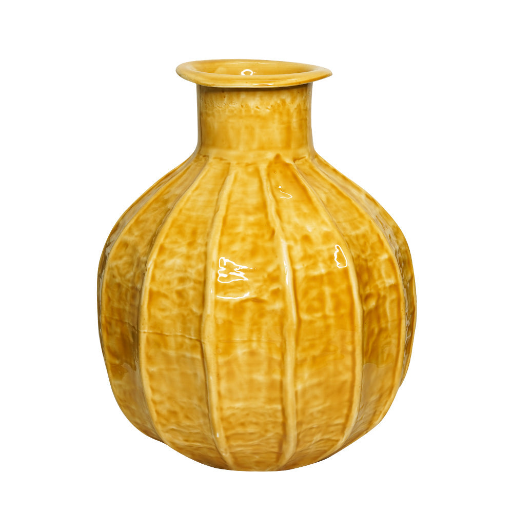 Yellow Marigold Vase – Yellow Pumpkin, large handcrafted metal vase in warm ochre tone for modern home décor